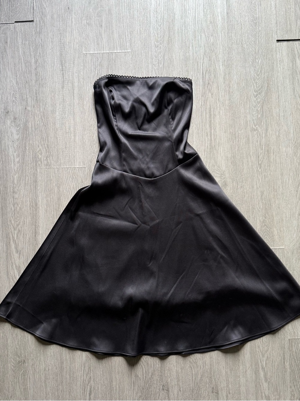 90s Strapless Black Satin Fit-and-Flare Dress